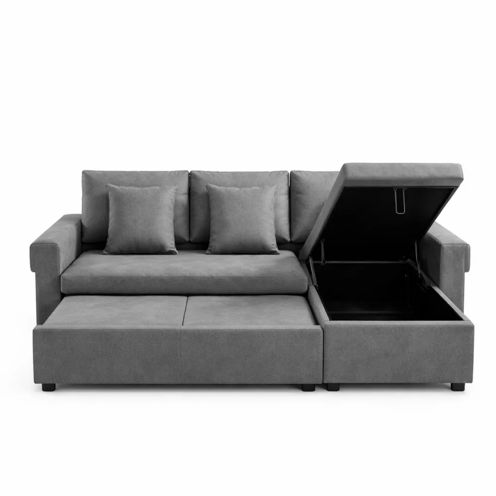 Divano letto angolare con contenitore e tasca portaoggetti in lino grigio scuro