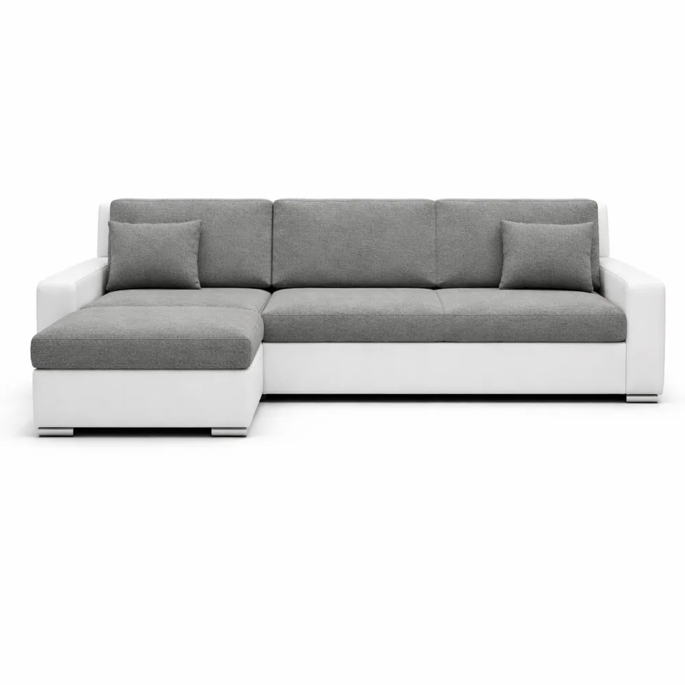 Divano ad Angolo a Forma di L in Ecopelle e Tessuto, Dimensioni 267 x 178 x 83 cm, Grigio/Bianco