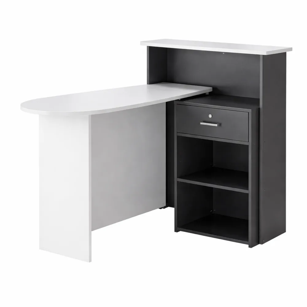 Bancone reception con cassetto bloccabile e design patchwork nero e grigio