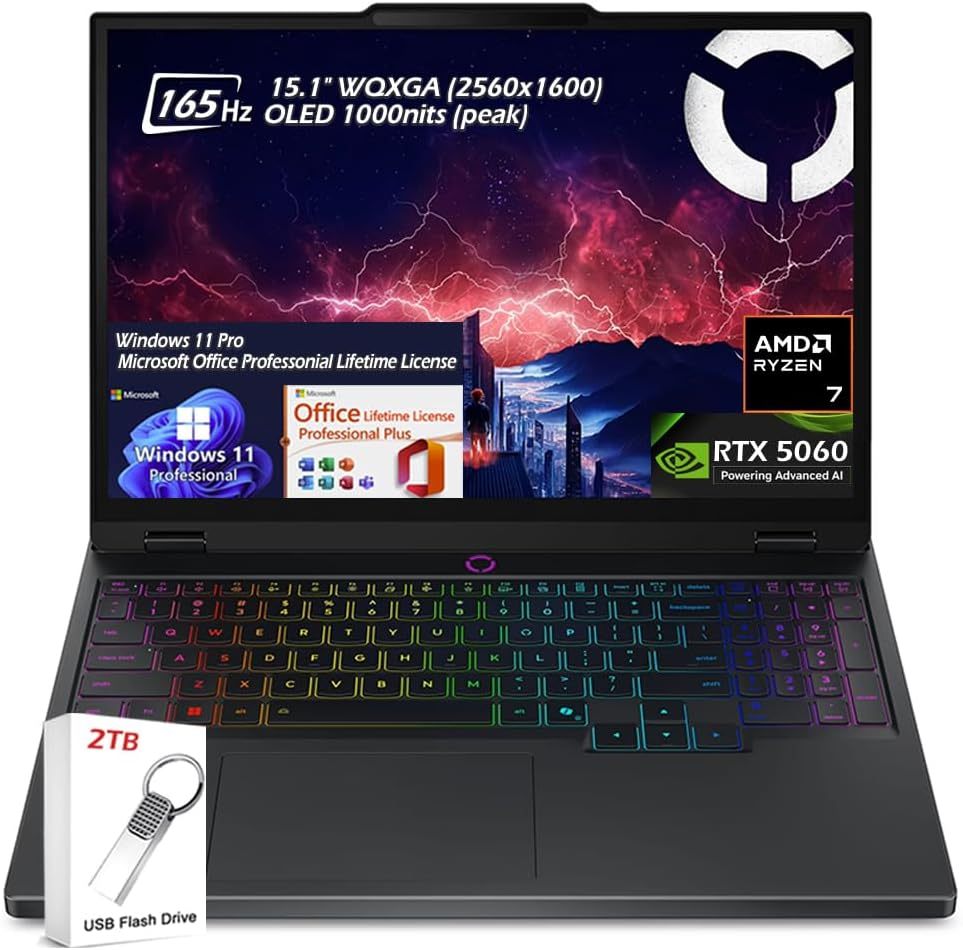 Lenovo Legion 5 15.1" OLED WQXGA 165HZ Gaming Notebook, AMD Ryzen 7 260 32GB RAM 1TB SSD, NVIDIA GeForce RTX 5060, Win11 Pro & Office Lifetime License, Eclipse Black + 2TB Flash Drive, W/GaLiMu
