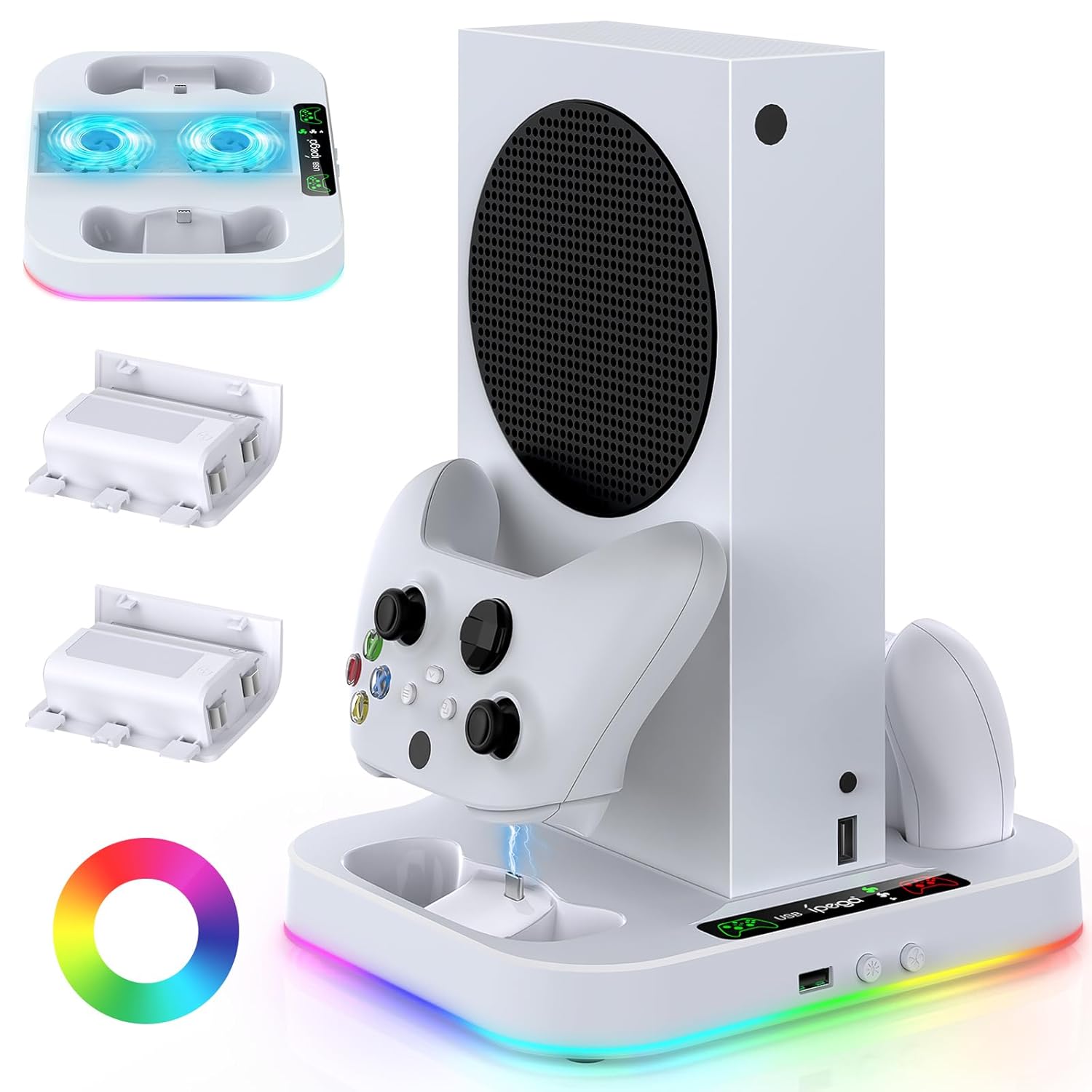 Cooling Stand for Xbox Series S Console with 15 Light Modes, MENEEA Dual Fast Charger Station with 2x1400mAH Batteries,Cooler System Accessories with 3-Speed Adjustable Fan, 2.0 USB Port