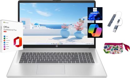 HP 2025 17.3" HD+ Laptop, with Free Lifetime Microsoft Office 2024, Intel Core i3-N305, 32GB RAM, 1TB SSD, Intel UHD Graphics, Windows 11 Pro, Natural Silver, Wi-Fi 6, Copilot, with USB Hub & Pouch