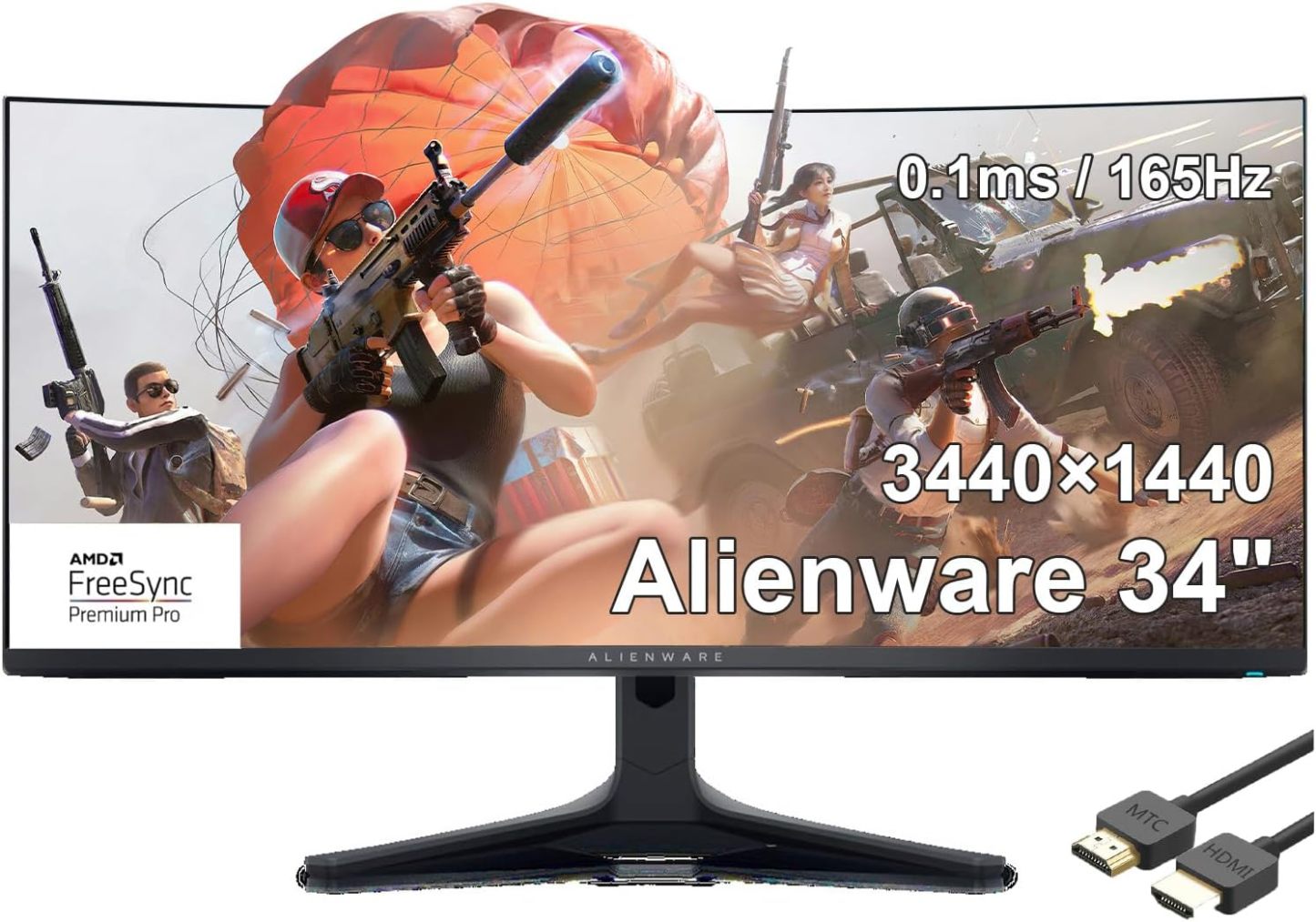  AW3423DWF 34" Curved Gaming Monitor, QD-OLED (3440x1440) 165Hz Display, 0.1ms Gray-to-Gray, 1.07 Billions Colors, AMD FreeSync Premium Pro, DisplayPort/HDMI, with MTC HDMI Cable