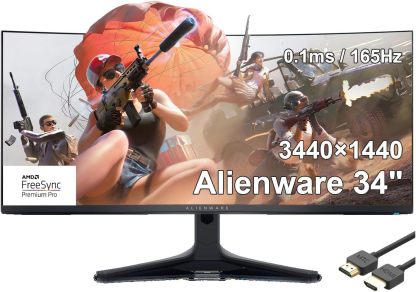  AW3423DWF 34" Curved Gaming Monitor, QD-OLED (3440x1440) 165Hz Display, 0.1ms Gray-to-Gray, 1.07 Billions Colors, AMD FreeSync Premium Pro, DisplayPort/HDMI, with MTC HDMI Cable