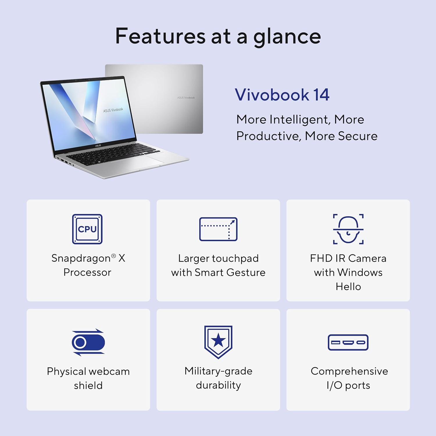  Vivobook 14 Laptop, 14” WUXGA 60Hz Display, Qualcomm Snapdragon X, Qualcomm Adreno GPU, 16GB RAM, 512GB SSD, Windows 11, Cool Silver, X1407QA-BS56