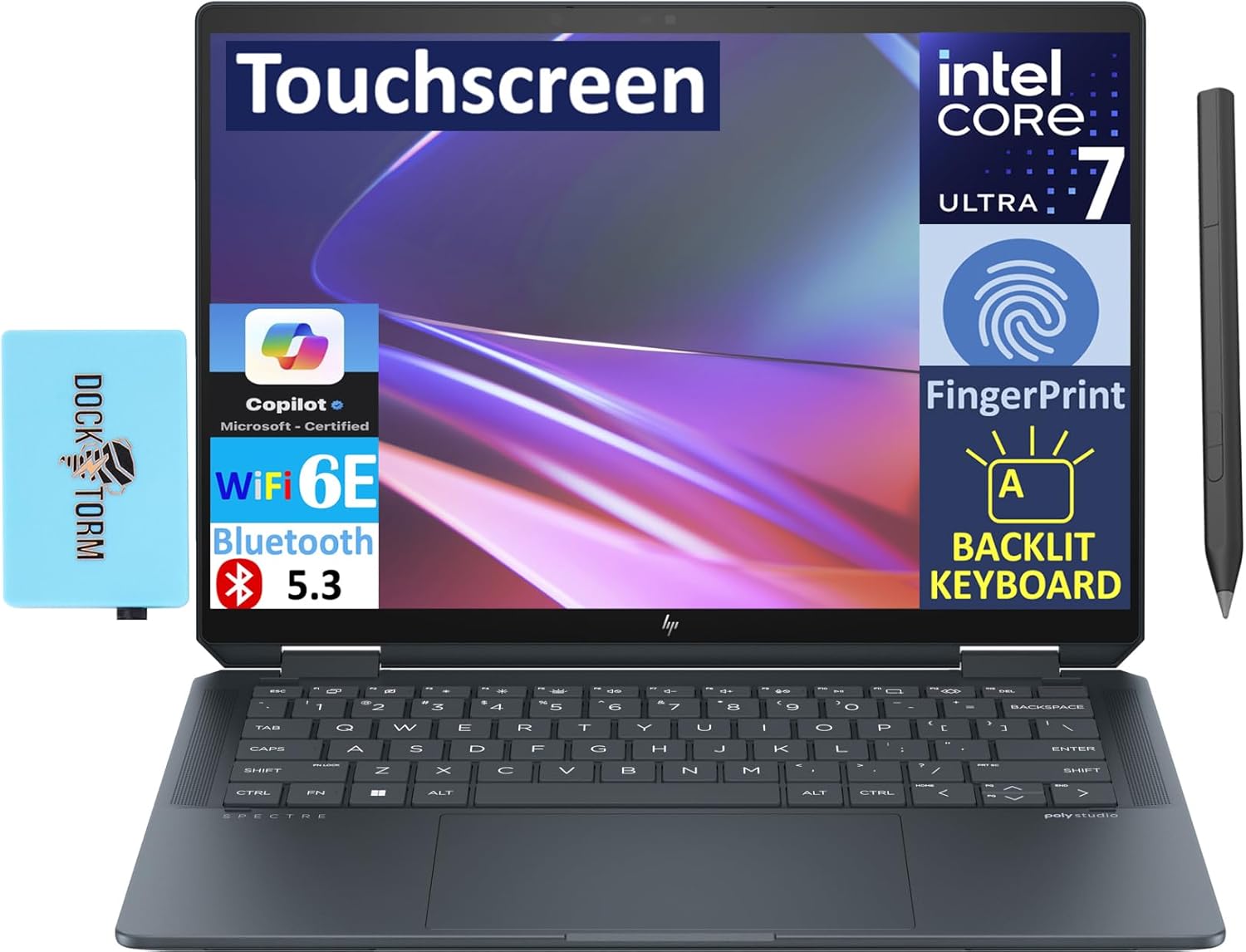  Spectre x360 AI Powered 2-in-1 Laptop 14.0" Touchscreen OLED 2.8K Display (Intel Ultra 7-155H, 32GB LPDDR5X, 2TB PCIe SSD, Active Pen, Backlit KB, Fingerprint, Win 11 Home) w/DKZ USB Port Expander