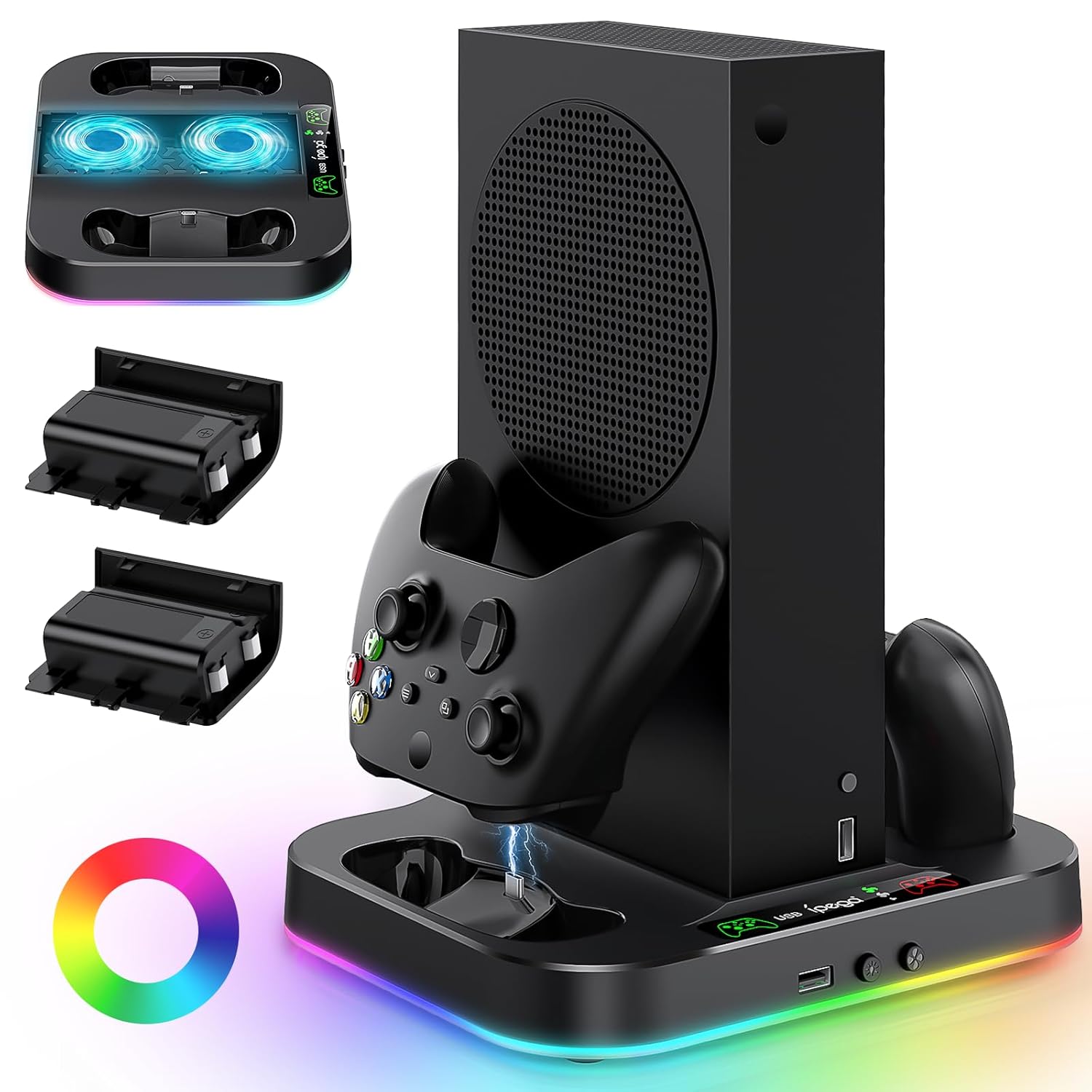 Cooling Stand for Xbox Series S Console with 15 Light Modes, MENEEA Dual Fast Charger Station with 2x1400mAH Batteries,Cooler System Accessories with 3-Speed Adjustable Fan, 2.0 USB Port