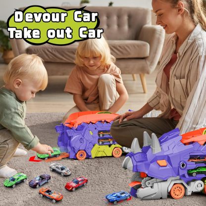 11 in 1 Dinosaur Toys for 3-7, Dinosaur Transport Truck with 8 Metal Cars, City Dinosaur Ultimate Hauler Track Toy, Transforms into Stomping Standing Dinosaur Toddler Toys Gifts for Kids Ages 3+