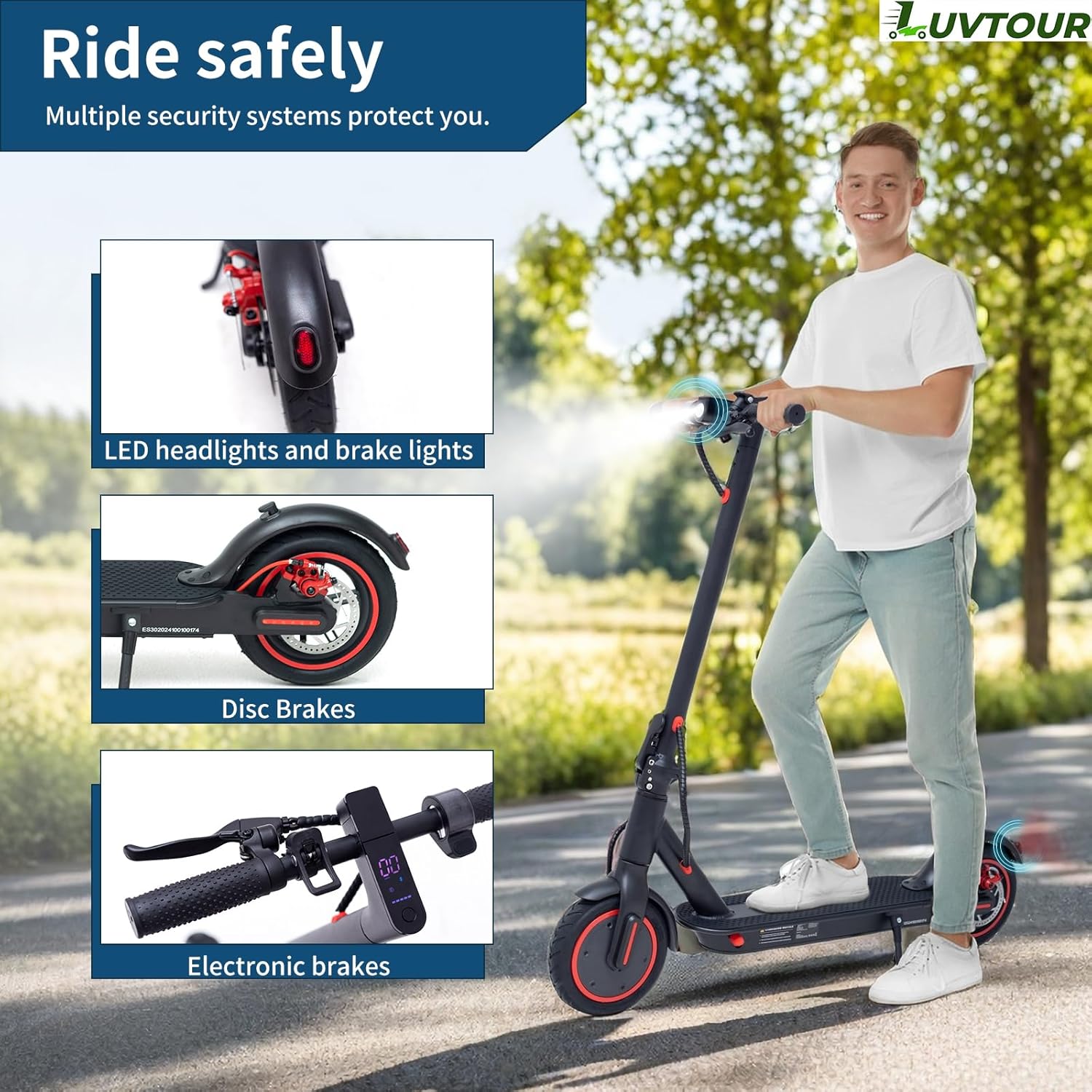 LuvTour Electric Scooter Adult, ES-S3 PRO E Scooters Max. 40km Range, Foldable Electric Scooters with APP, Double Braking System