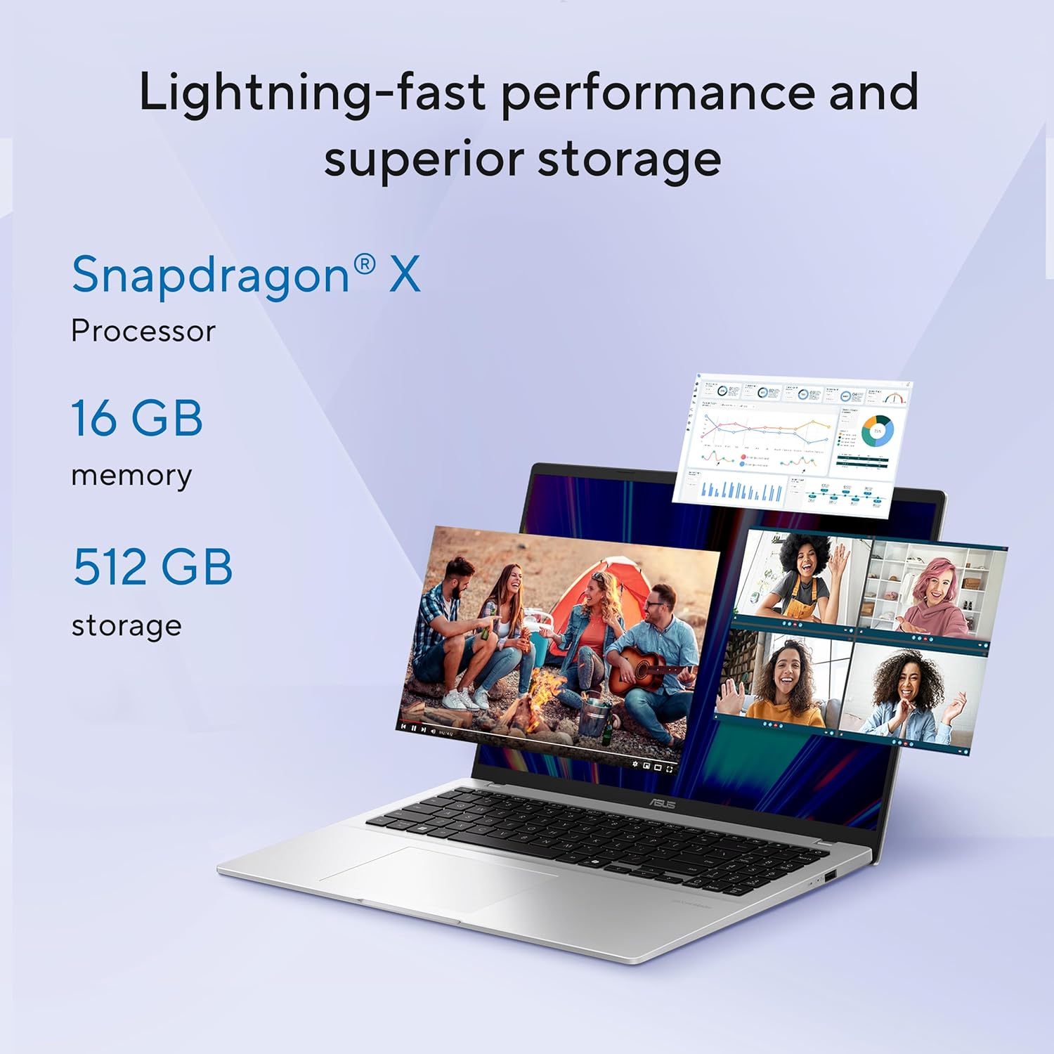  Vivobook 14 Laptop, 14” WUXGA 60Hz Display, Qualcomm Snapdragon X, Qualcomm Adreno GPU, 16GB RAM, 512GB SSD, Windows 11, Cool Silver, X1407QA-BS56