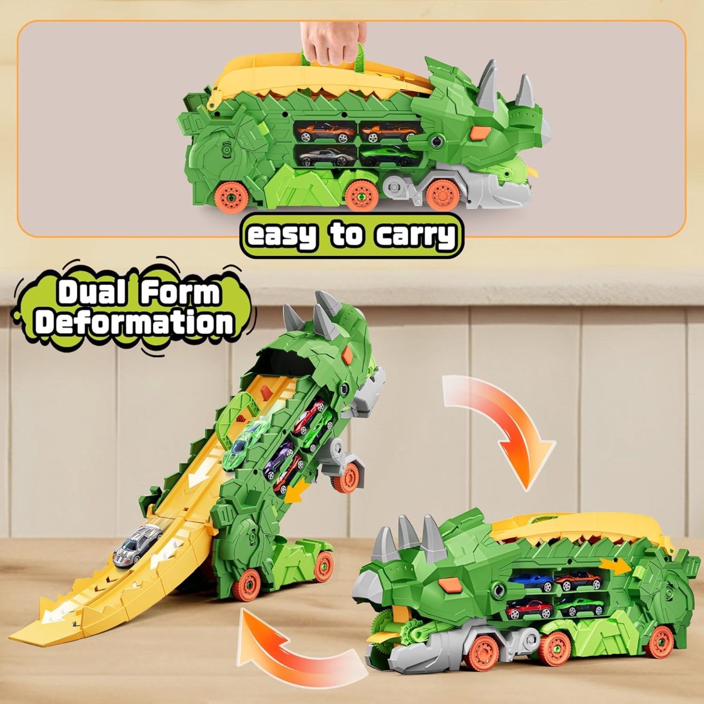 11 in 1 Dinosaur Toys for 3-7, Dinosaur Transport Truck with 8 Metal Cars, City Dinosaur Ultimate Hauler Track Toy, Transforms into Stomping Standing Dinosaur Toddler Toys Gifts for Kids Ages 3+