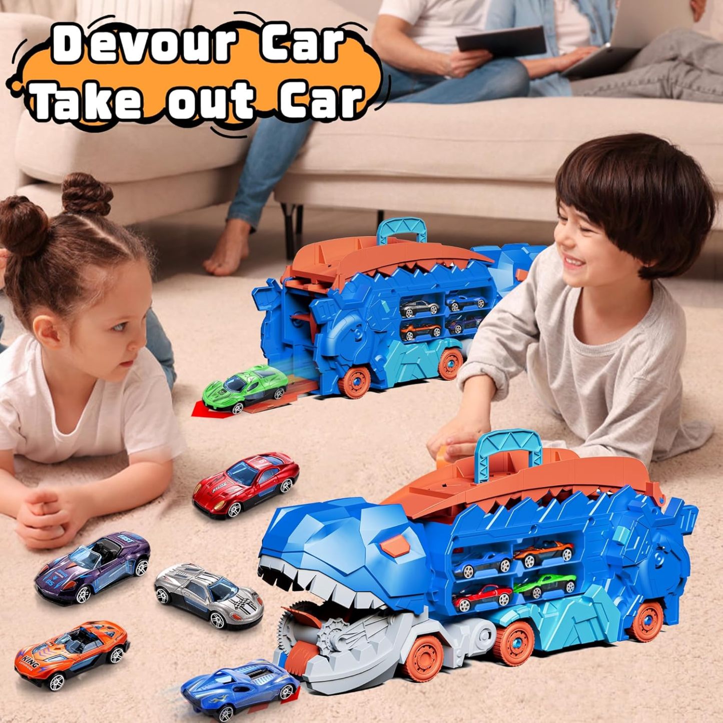 11 in 1 Dinosaur Toys for 3-7, Dinosaur Transport Truck with 8 Metal Cars, City Dinosaur Ultimate Hauler Track Toy, Transforms into Stomping Standing Dinosaur Toddler Toys Gifts for Kids Ages 3+