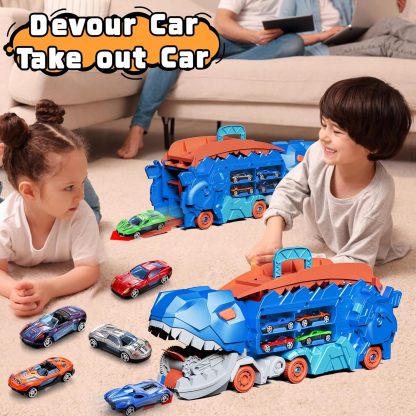 11 in 1 Dinosaur Toys for 3-7, Dinosaur Transport Truck with 8 Metal Cars, City Dinosaur Ultimate Hauler Track Toy, Transforms into Stomping Standing Dinosaur Toddler Toys Gifts for Kids Ages 3+