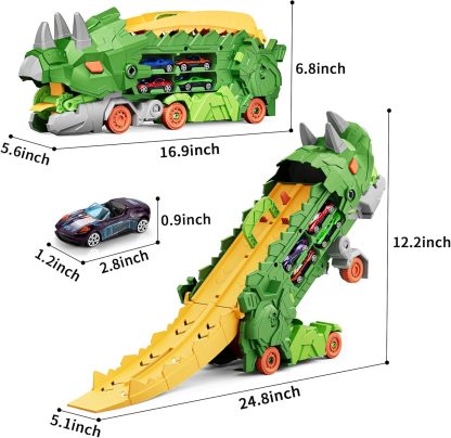 11 in 1 Dinosaur Toys for 3-7, Dinosaur Transport Truck with 8 Metal Cars, City Dinosaur Ultimate Hauler Track Toy, Transforms into Stomping Standing Dinosaur Toddler Toys Gifts for Kids Ages 3+