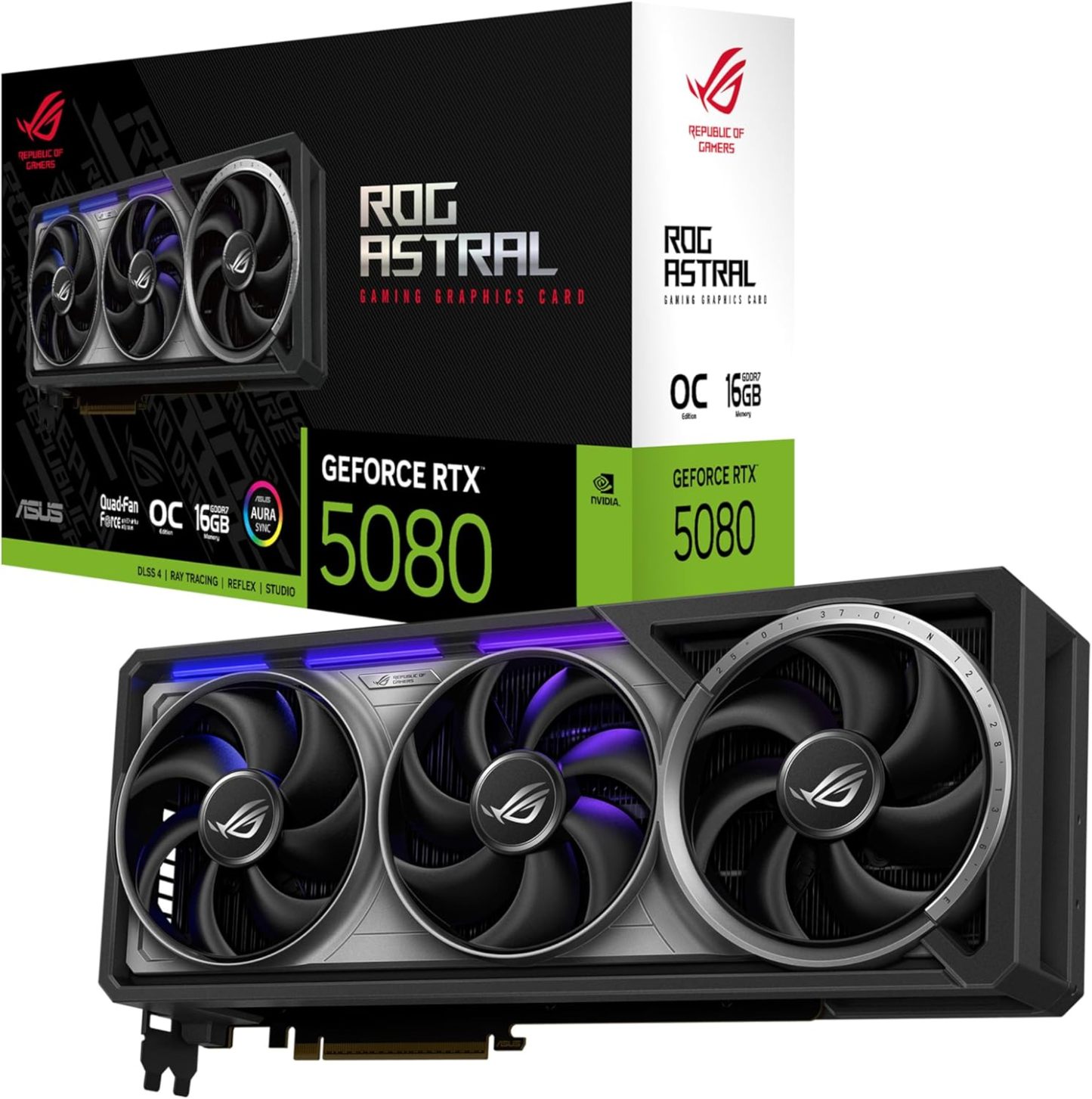  ROG Astral GeForce RTX™ 5080 OC Edition Gaming Graphics Card (PCIe® 5.0, 16GB GDDR7, HDMI®/DP 2.1, 3.8-Slot, 4-Fan Design, Axial-tech Fans, Patented Vapor Chamber, Phase-Change GPU Thermal pad)