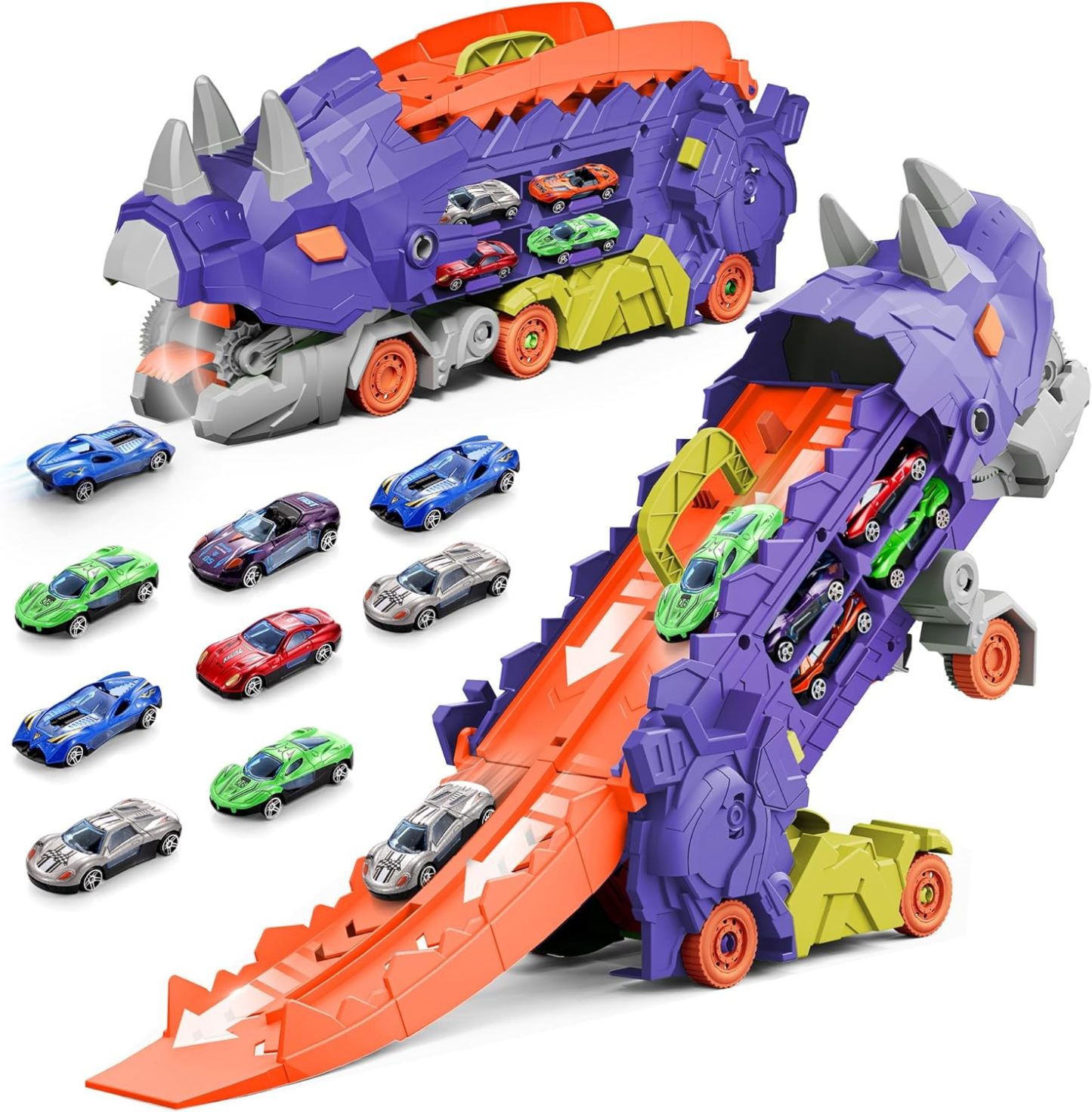11 in 1 Dinosaur Toys for 3-7, Dinosaur Transport Truck with 8 Metal Cars, City Dinosaur Ultimate Hauler Track Toy, Transforms into Stomping Standing Dinosaur Toddler Toys Gifts for Kids Ages 3+