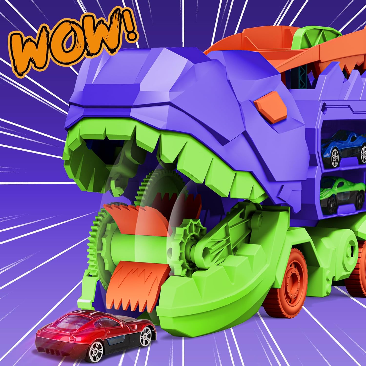 11 in 1 Dinosaur Toys for 3-7, Dinosaur Transport Truck with 8 Metal Cars, City Dinosaur Ultimate Hauler Track Toy, Transforms into Stomping Standing Dinosaur Toddler Toys Gifts for Kids Ages 3+