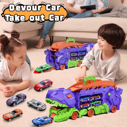 11 in 1 Dinosaur Toys for 3-7, Dinosaur Transport Truck with 8 Metal Cars, City Dinosaur Ultimate Hauler Track Toy, Transforms into Stomping Standing Dinosaur Toddler Toys Gifts for Kids Ages 3+