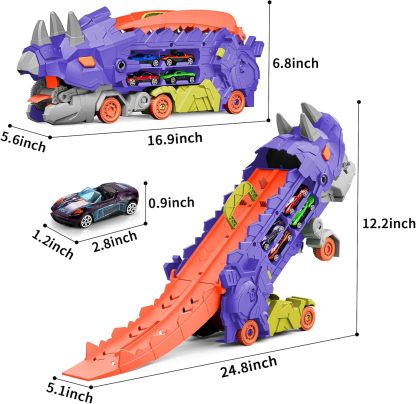 11 in 1 Dinosaur Toys for 3-7, Dinosaur Transport Truck with 8 Metal Cars, City Dinosaur Ultimate Hauler Track Toy, Transforms into Stomping Standing Dinosaur Toddler Toys Gifts for Kids Ages 3+