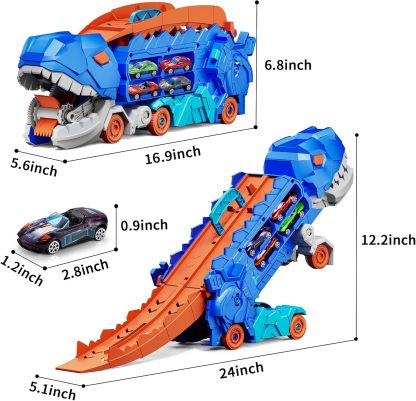 11 in 1 Dinosaur Toys for 3-7, Dinosaur Transport Truck with 8 Metal Cars, City Dinosaur Ultimate Hauler Track Toy, Transforms into Stomping Standing Dinosaur Toddler Toys Gifts for Kids Ages 3+