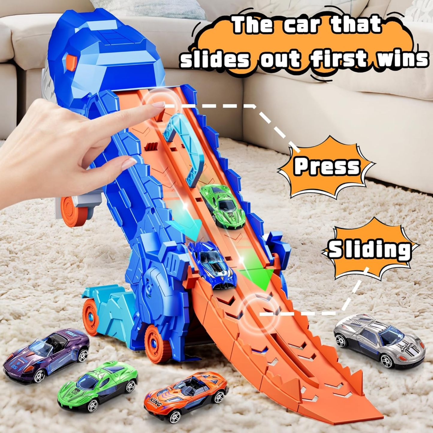 11 in 1 Dinosaur Toys for 3-7, Dinosaur Transport Truck with 8 Metal Cars, City Dinosaur Ultimate Hauler Track Toy, Transforms into Stomping Standing Dinosaur Toddler Toys Gifts for Kids Ages 3+