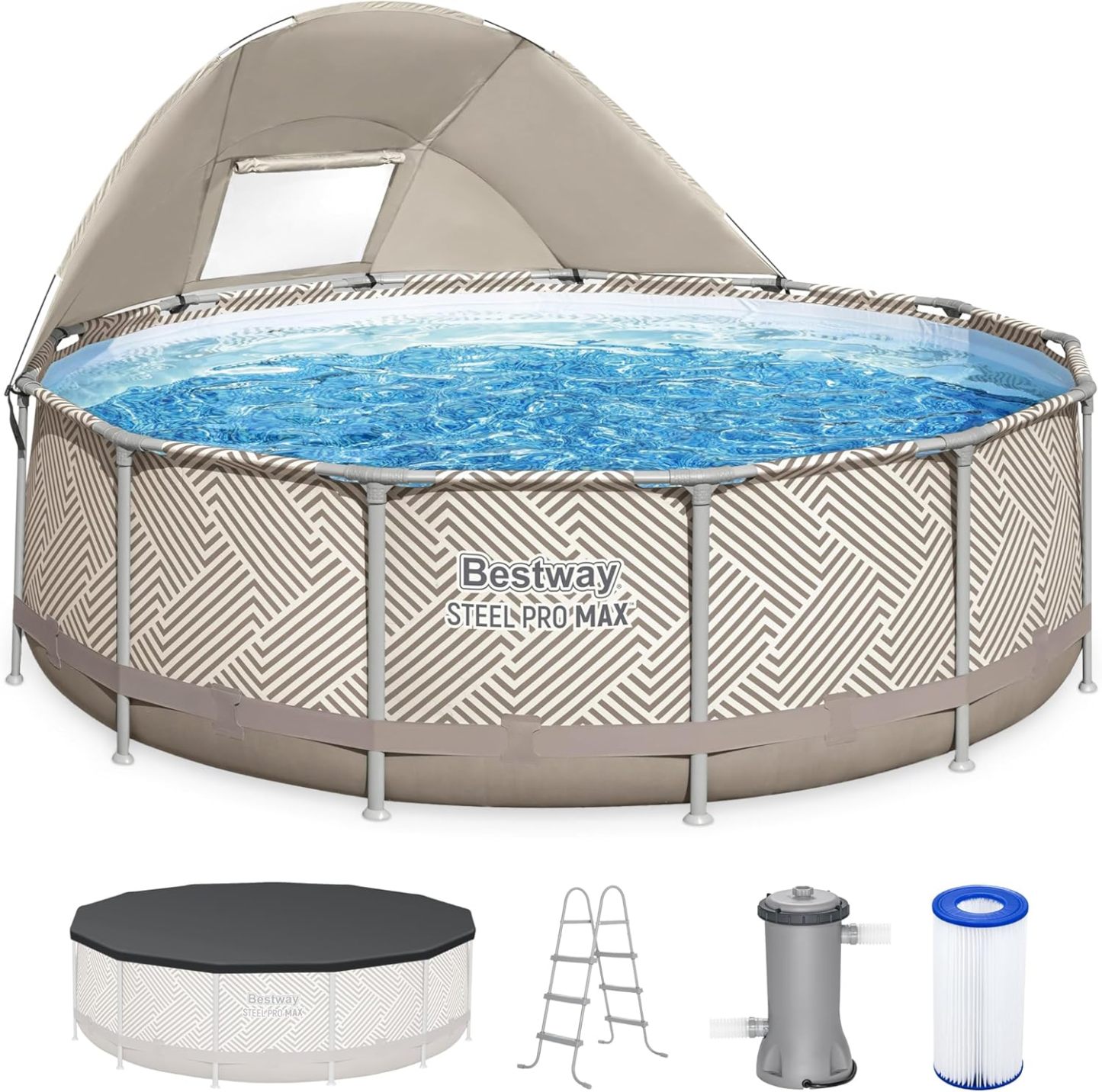 Bestway Power Steel 14’ x 42” Round Above Ground Outdoor Backyard Swimming Pool Set with 1,000 GPH Filter Pump, Ladder, and Pool Cover
