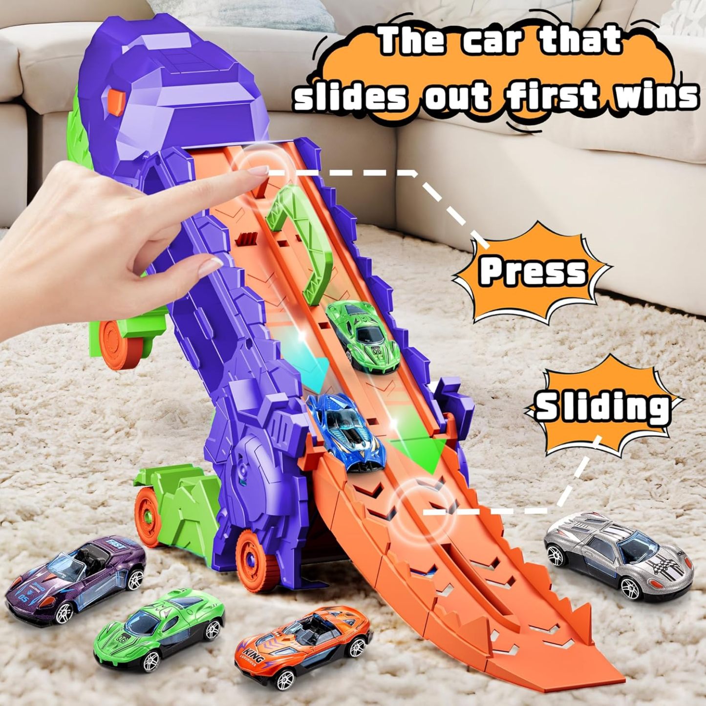 11 in 1 Dinosaur Toys for 3-7, Dinosaur Transport Truck with 8 Metal Cars, City Dinosaur Ultimate Hauler Track Toy, Transforms into Stomping Standing Dinosaur Toddler Toys Gifts for Kids Ages 3+