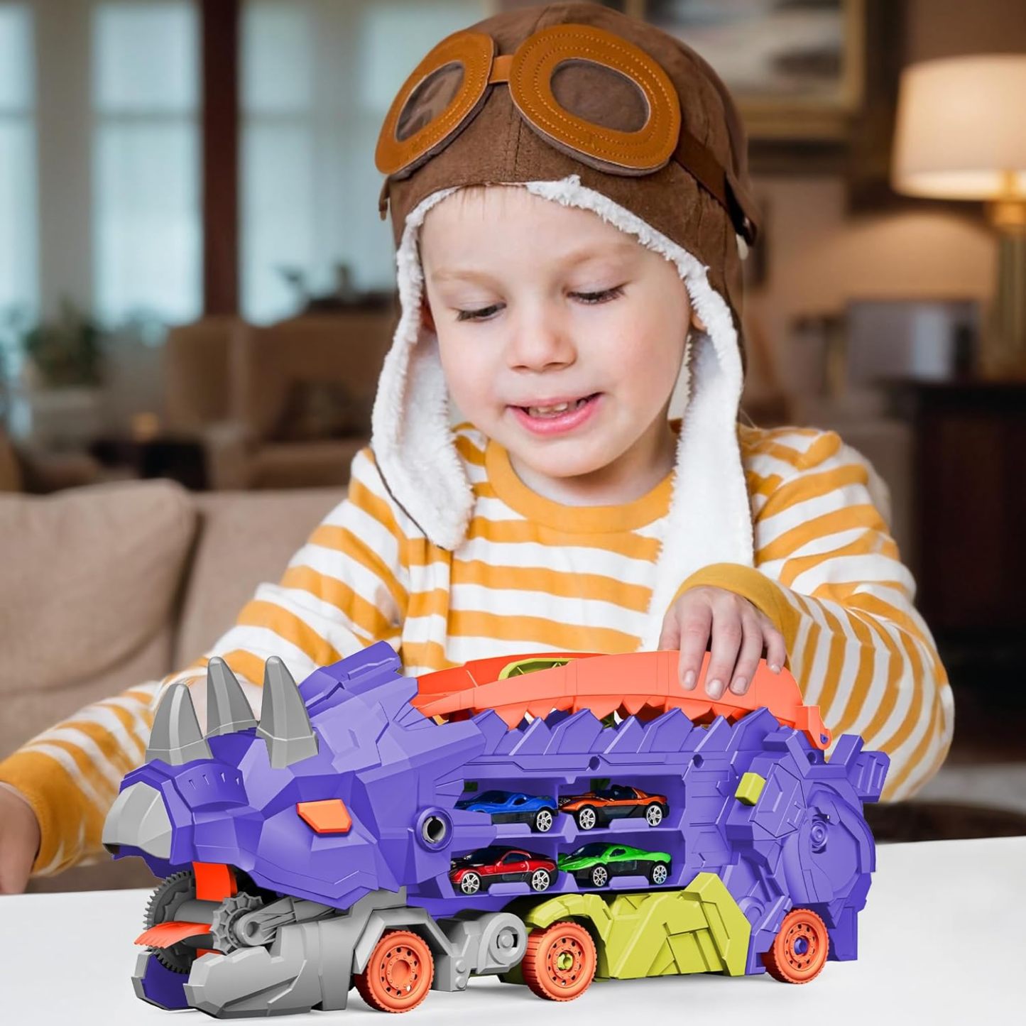 11 in 1 Dinosaur Toys for 3-7, Dinosaur Transport Truck with 8 Metal Cars, City Dinosaur Ultimate Hauler Track Toy, Transforms into Stomping Standing Dinosaur Toddler Toys Gifts for Kids Ages 3+