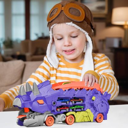 11 in 1 Dinosaur Toys for 3-7, Dinosaur Transport Truck with 8 Metal Cars, City Dinosaur Ultimate Hauler Track Toy, Transforms into Stomping Standing Dinosaur Toddler Toys Gifts for Kids Ages 3+