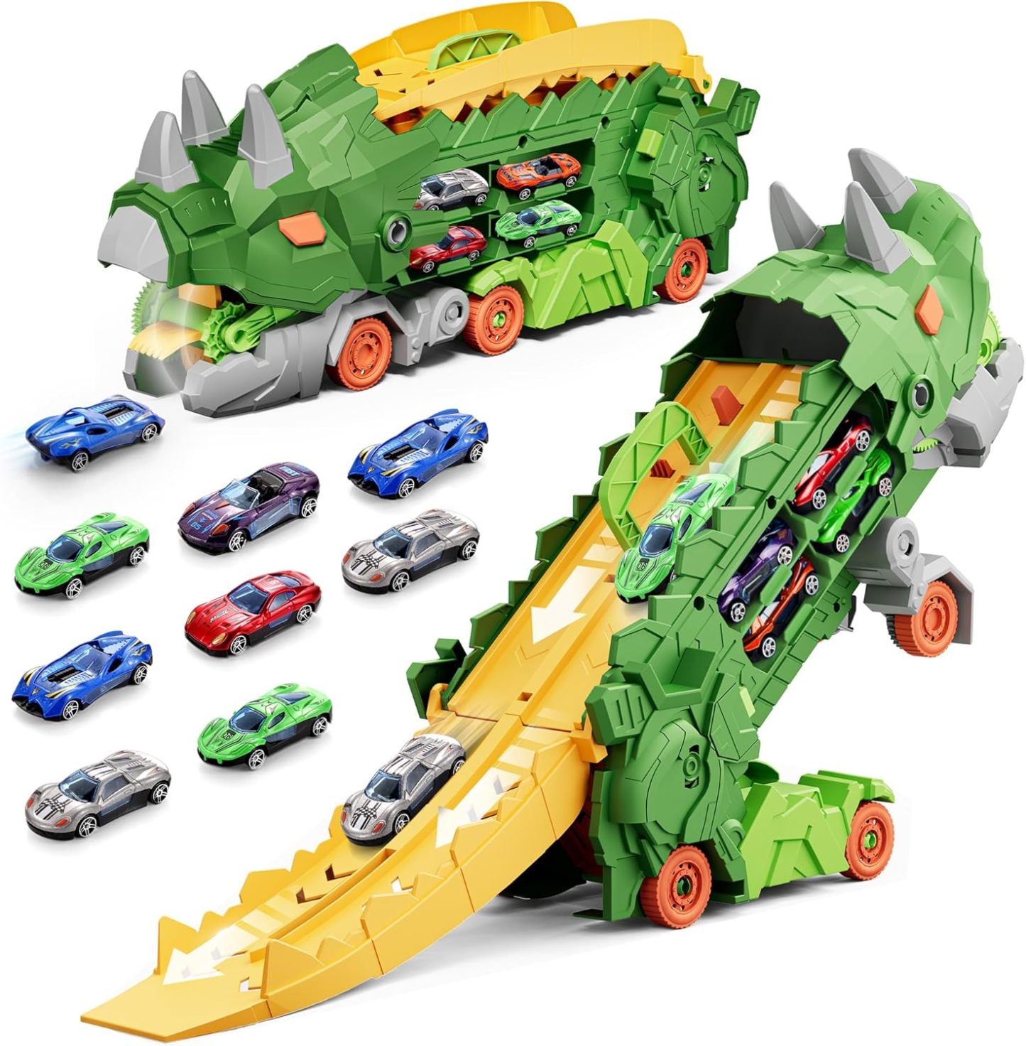 11 in 1 Dinosaur Toys for 3-7, Dinosaur Transport Truck with 8 Metal Cars, City Dinosaur Ultimate Hauler Track Toy, Transforms into Stomping Standing Dinosaur Toddler Toys Gifts for Kids Ages 3+