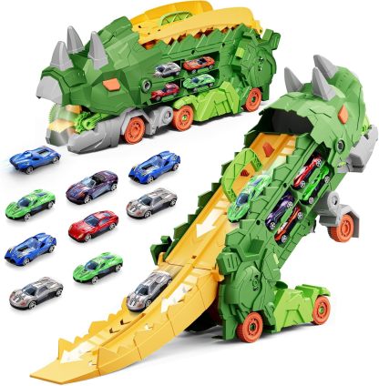 11 in 1 Dinosaur Toys for 3-7, Dinosaur Transport Truck with 8 Metal Cars, City Dinosaur Ultimate Hauler Track Toy, Transforms into Stomping Standing Dinosaur Toddler Toys Gifts for Kids Ages 3+