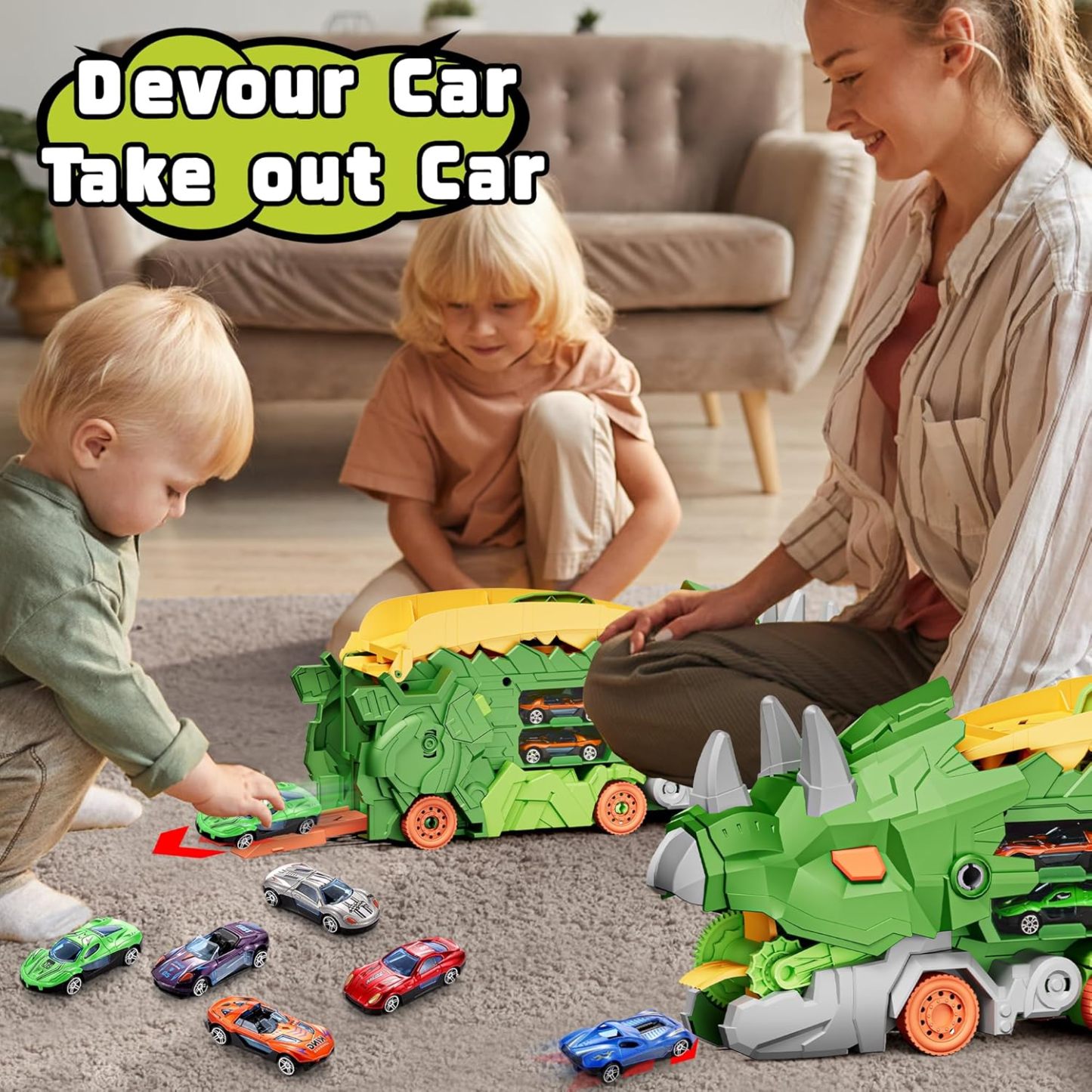 11 in 1 Dinosaur Toys for 3-7, Dinosaur Transport Truck with 8 Metal Cars, City Dinosaur Ultimate Hauler Track Toy, Transforms into Stomping Standing Dinosaur Toddler Toys Gifts for Kids Ages 3+
