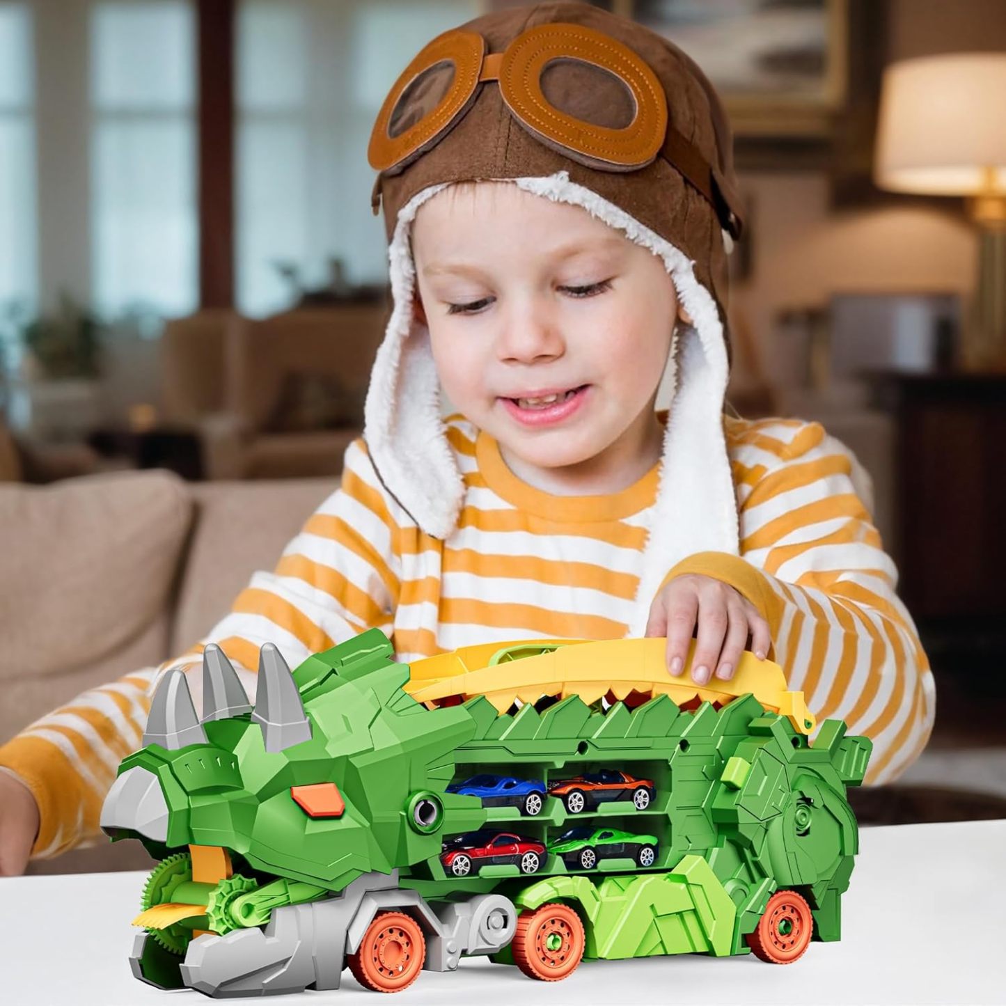 11 in 1 Dinosaur Toys for 3-7, Dinosaur Transport Truck with 8 Metal Cars, City Dinosaur Ultimate Hauler Track Toy, Transforms into Stomping Standing Dinosaur Toddler Toys Gifts for Kids Ages 3+
