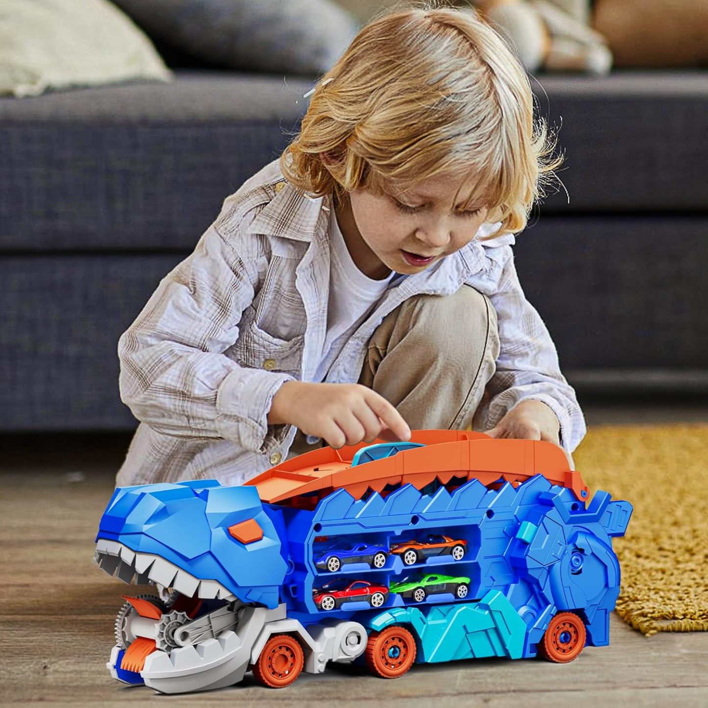11 in 1 Dinosaur Toys for 3-7, Dinosaur Transport Truck with 8 Metal Cars, City Dinosaur Ultimate Hauler Track Toy, Transforms into Stomping Standing Dinosaur Toddler Toys Gifts for Kids Ages 3+