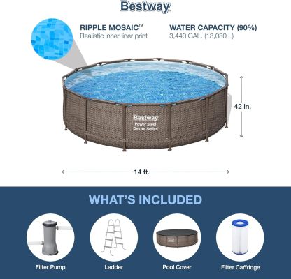 Bestway Power Steel 14’ x 42” Round Above Ground Outdoor Backyard Swimming Pool Set with 1,000 GPH Filter Pump, Ladder, and Pool Cover