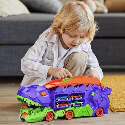 11 in 1 Dinosaur Toys for 3-7, Dinosaur Transport Truck with 8 Metal Cars, City Dinosaur Ultimate Hauler Track Toy, Transforms into Stomping Standing Dinosaur Toddler Toys Gifts for Kids Ages 3+