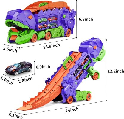 11 in 1 Dinosaur Toys for 3-7, Dinosaur Transport Truck with 8 Metal Cars, City Dinosaur Ultimate Hauler Track Toy, Transforms into Stomping Standing Dinosaur Toddler Toys Gifts for Kids Ages 3+