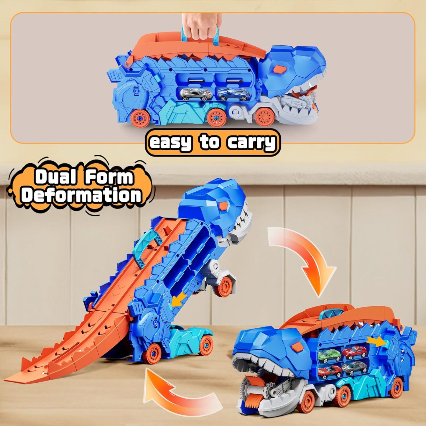 11 in 1 Dinosaur Toys for 3-7, Dinosaur Transport Truck with 8 Metal Cars, City Dinosaur Ultimate Hauler Track Toy, Transforms into Stomping Standing Dinosaur Toddler Toys Gifts for Kids Ages 3+