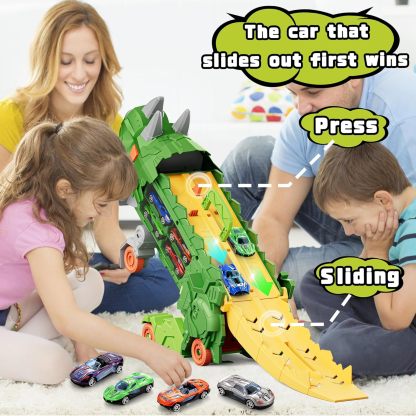 11 in 1 Dinosaur Toys for 3-7, Dinosaur Transport Truck with 8 Metal Cars, City Dinosaur Ultimate Hauler Track Toy, Transforms into Stomping Standing Dinosaur Toddler Toys Gifts for Kids Ages 3+