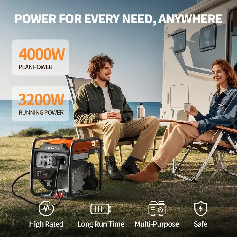 Efurden Outdoor Power Equipment 4000 WattsPortable Generator, Open Frame InverterGenerator with ECO Mode, Gas Powered, QuietOperation, Emergency Home Backup, RV Ready