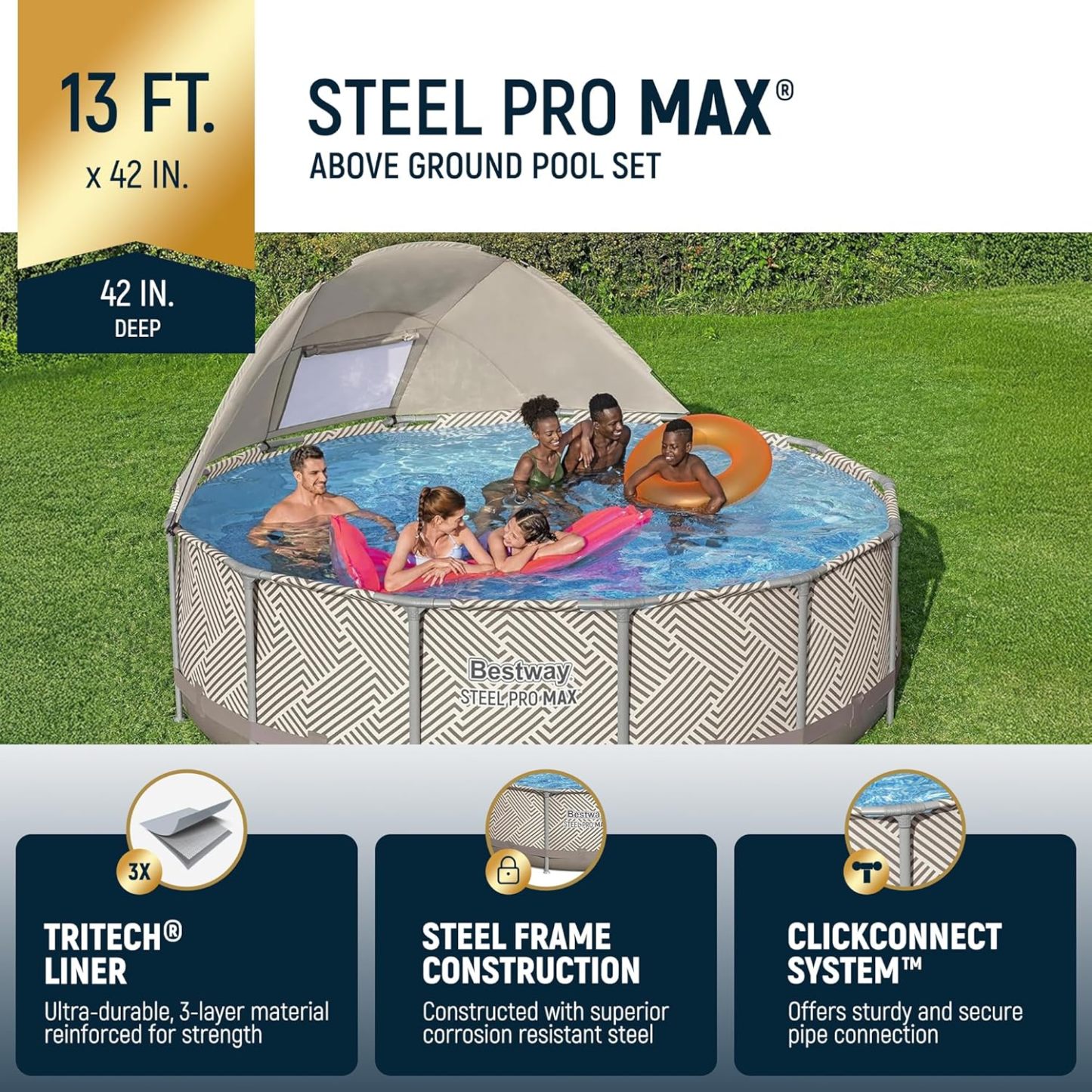 Bestway Power Steel 14’ x 42” Round Above Ground Outdoor Backyard Swimming Pool Set with 1,000 GPH Filter Pump, Ladder, and Pool Cover
