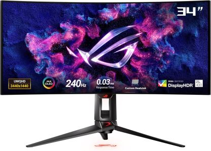  ROG Swift 34” OLED Ultrawide 800R Curved Gaming Monitor (PG34WCDM) – 21:9 (3440 x 1440), 240Hz, 0.03ms, USB-C 90W PD, 1300nits (Renewed)