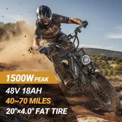 Qlaway- Electric Bike Peak Power 1500W Full Suspension E-Motorcycle, Top Speed 31MPH, Range 40-70 Miles, 48V 18Ah Removable Battery, 2-Seater, LED Headlights, 20-Inch All-Terrain Fat Tires, UL 2849 Certified