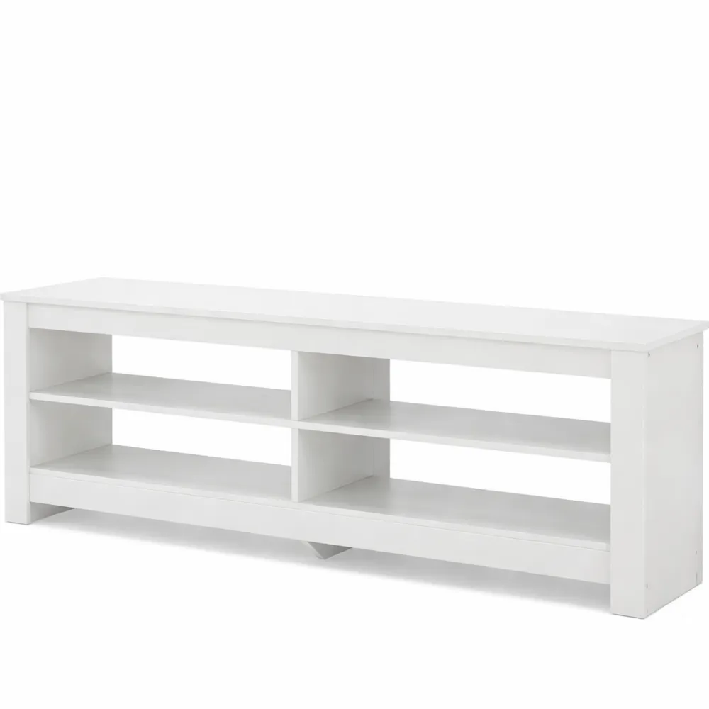 Mobile Porta TV fino a 65'' con Presa Elettrica, Mobiletto Angolare a 3 Ripiani e 4 Scaffali Aperti