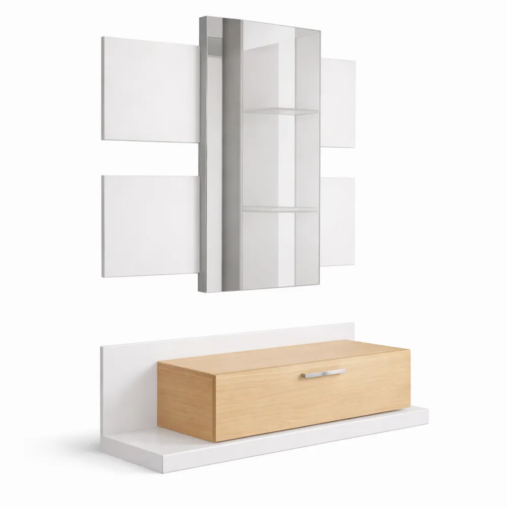 Mobile d'ingresso con cassetto e specchio, finitura bianca e rovere, 75x116x29 cm