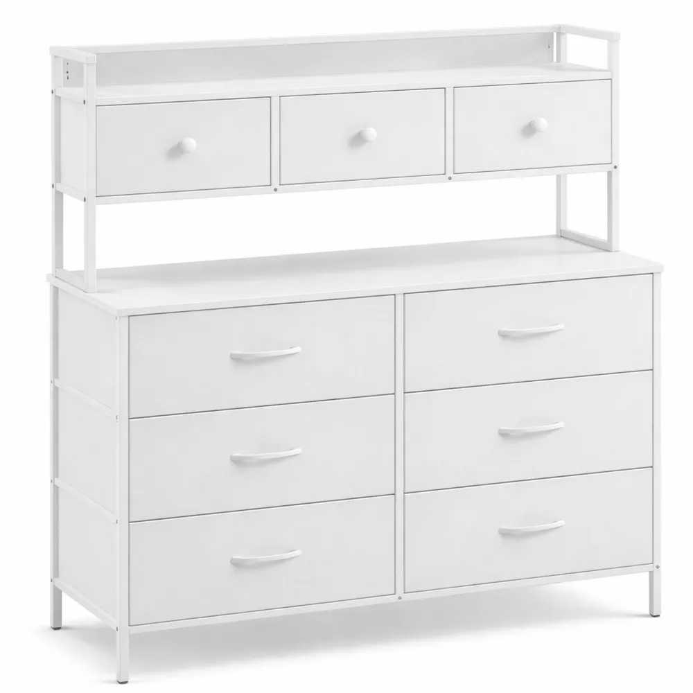 Cassettiera Alta a 9 Cassetti per Casa, Piano in Legno e Struttura in Metallo, Bianco