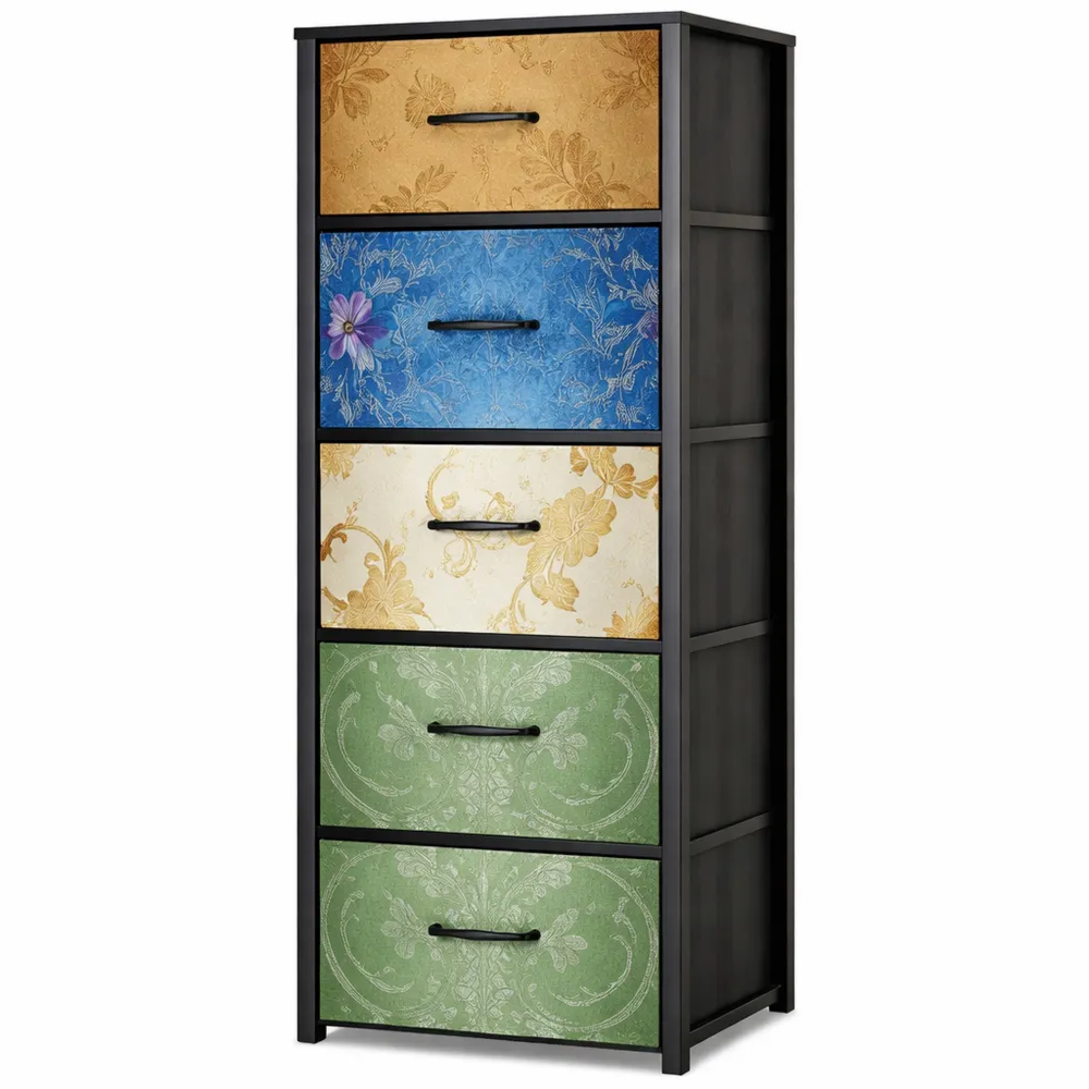 Cassettiera in Tessuto con 4 Cassetti, Stile Bohémien per Soggiorno e Camera da Letto