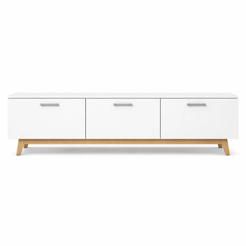 Mobile porta TV moderno, credenza soggiorno bassa, bianco e rovere