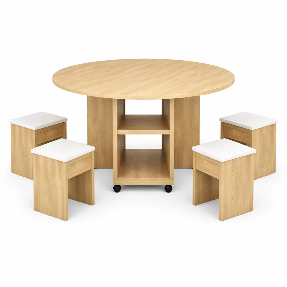 Set Tavolo Rotondo Pieghevole e Sgabelli con Ripiani