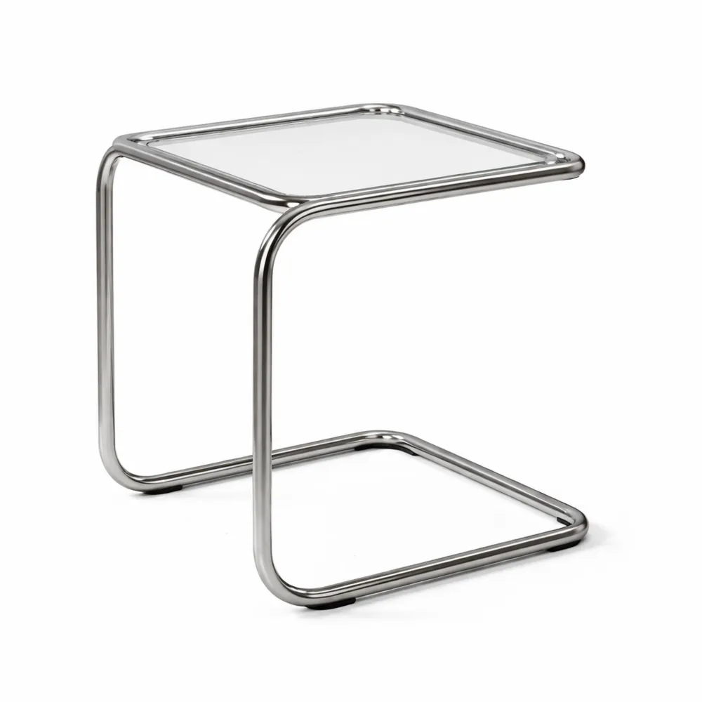 Tavolino laterale a forma di C in metallo e acrilico trasparente